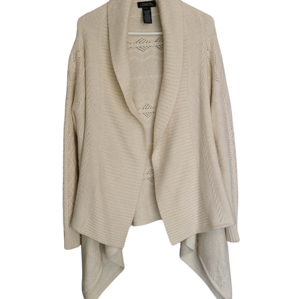 Cable Knit Open Front Cardigan Lambs Wool and Angora Lagenlook Cream Womens XL